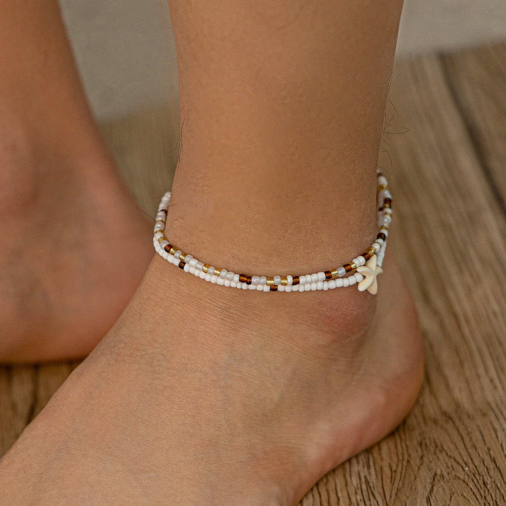 PuRui 2 pcs Sets Beaded Anklets For Women White Acrylic Starfish Ankle Chain Girls Csaual Accessories New In For Beach Party