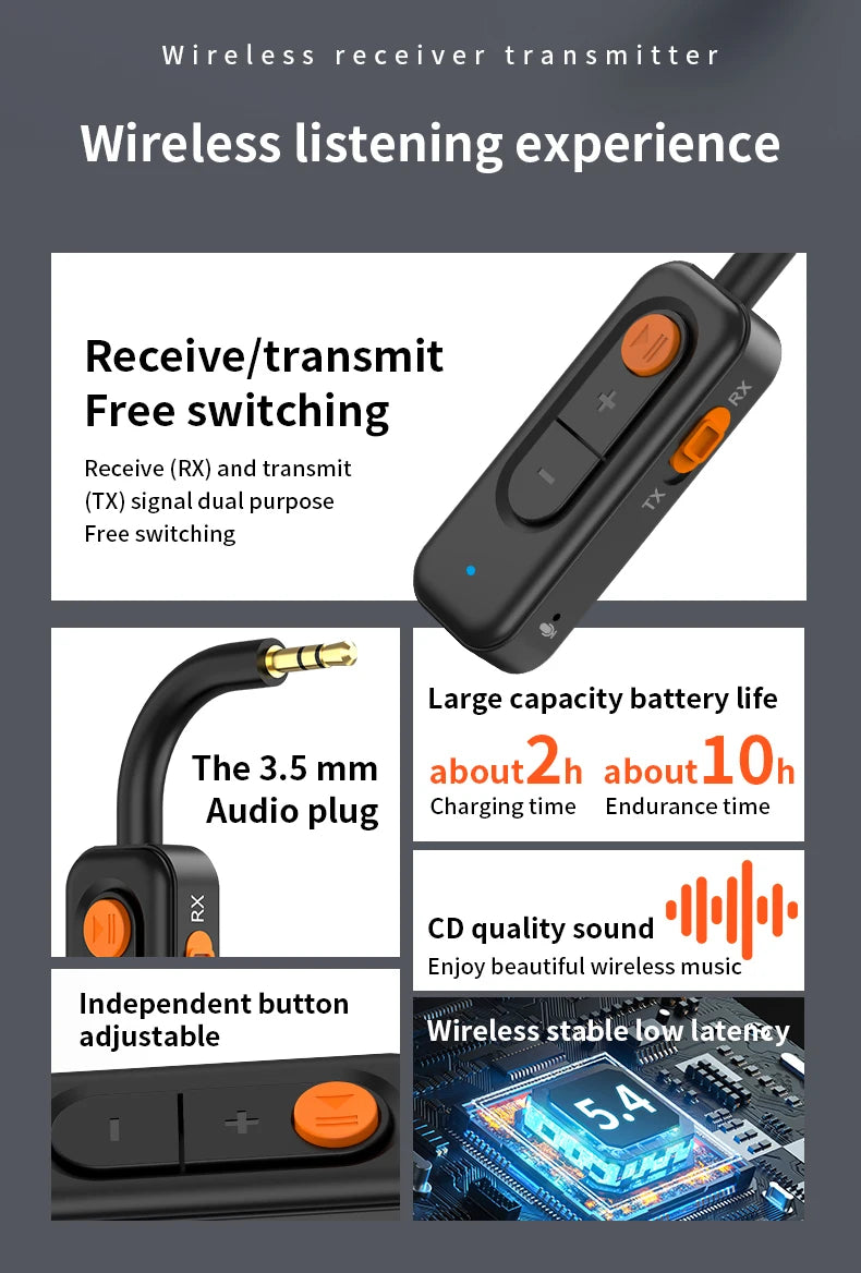 Bluetooth 5.4 Audio Receiver Transmitter 3.5MM AUX HIFI Stereo Music Wireless Adapter With Mic For Car speaker TV PC Headphones