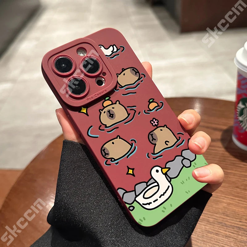 Matte Phone Case For iPhone 15 Pro Max 14 Plus 13 12 Mini 11 XS X XR 7 8 Cute Capybara Pattern Soft Silicone Bumper Cover