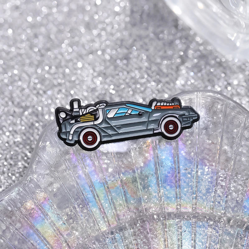 Retro Cartoon Sport Car Enamel Pin Science Fiction Movies Inspired Vehicle Brooch Jacket Lapel Badge Jewelry Gift For Friends