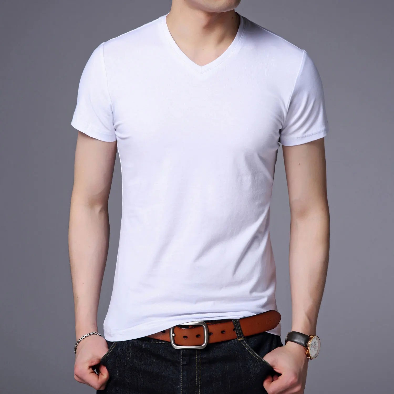 2025 Summer Brand Tops 95% Cotton 5% Spandex t Shirt For Men v Neck Plain Solid Color Short Sleeve Casual Fashion Mens Clothes