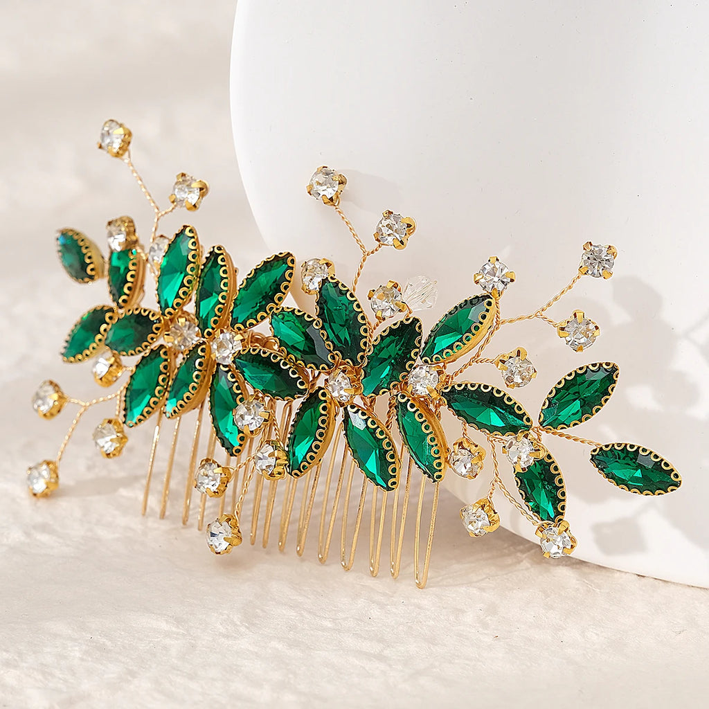 Efily Vitnage Green Crystal Wedding Hair Accessories Bridal Pearl Hair Comb Rhinestone Headpiece Jewelry  Valentine's Day gift