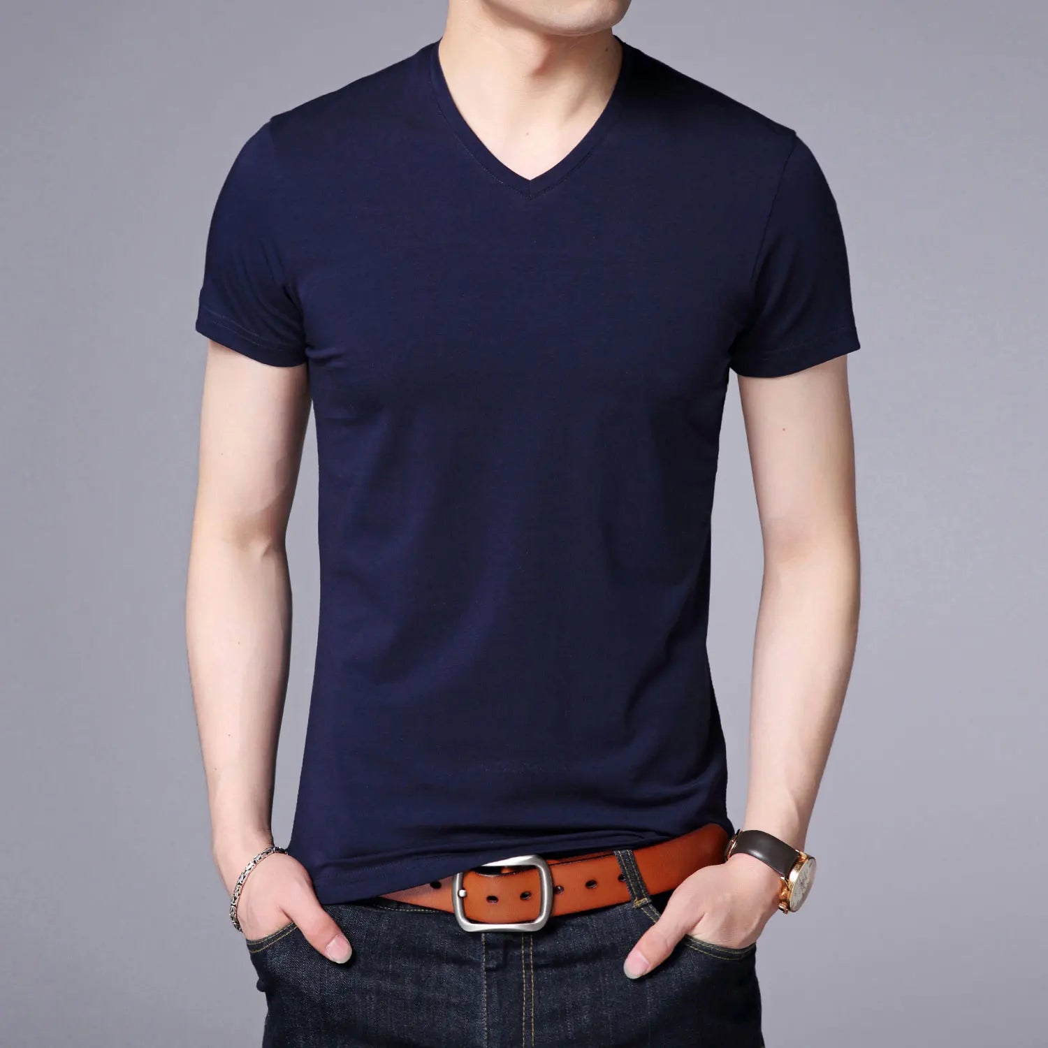 2025 Summer Brand Tops 95% Cotton 5% Spandex t Shirt For Men v Neck Plain Solid Color Short Sleeve Casual Fashion Mens Clothes