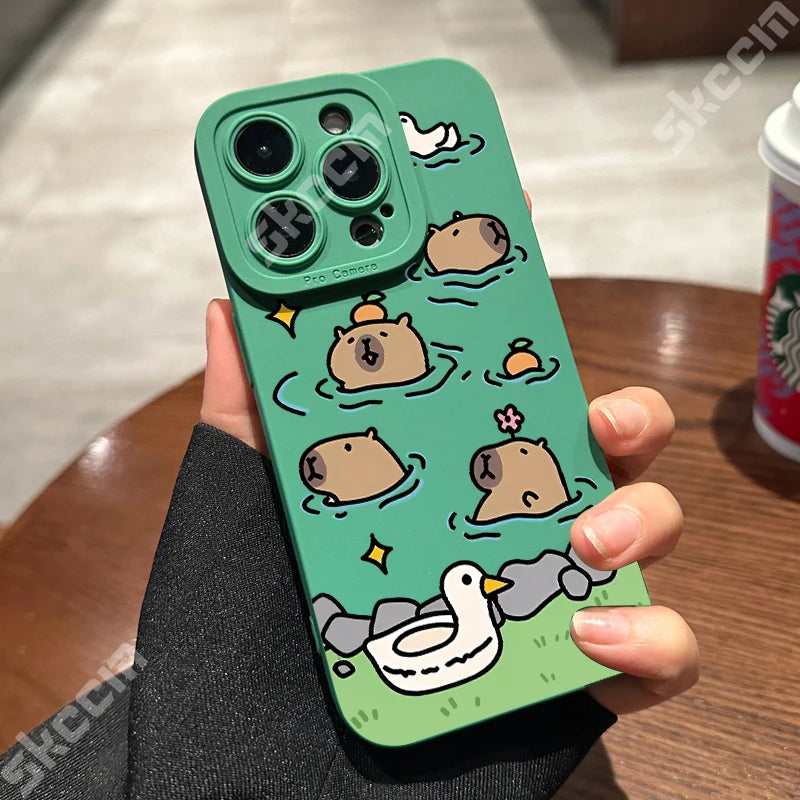 Matte Phone Case For iPhone 15 Pro Max 14 Plus 13 12 Mini 11 XS X XR 7 8 Cute Capybara Pattern Soft Silicone Bumper Cover