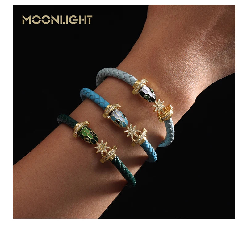 MOONLIGHT Genuine Braided Leather Bracelet for Woman Zircon Eight Pointed Star Classic Snake Head Bracelet Female Jewelry Gifts