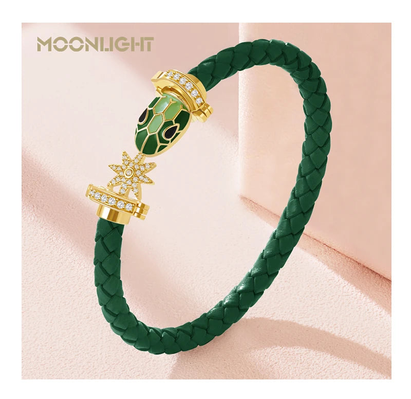 MOONLIGHT Genuine Braided Leather Bracelet for Woman Zircon Eight Pointed Star Classic Snake Head Bracelet Female Jewelry Gifts