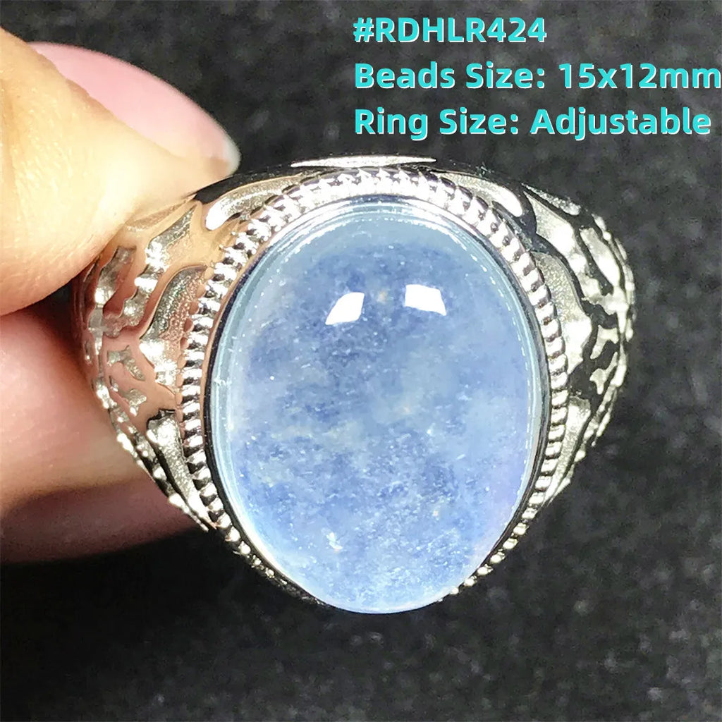 Top Natural Ocean Blue Aquamarine Ring For Male Men Gift Rare Crystal Beads Stone Silver Fashion Adjustable Ring Jewelry AAAAA