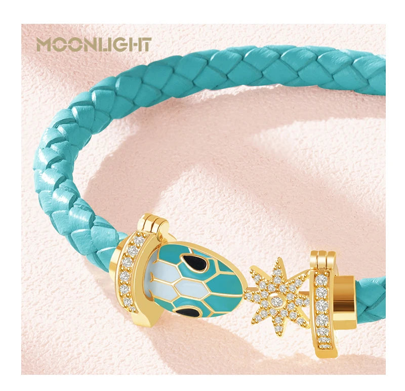 MOONLIGHT Genuine Braided Leather Bracelet for Woman Zircon Eight Pointed Star Classic Snake Head Bracelet Female Jewelry Gifts