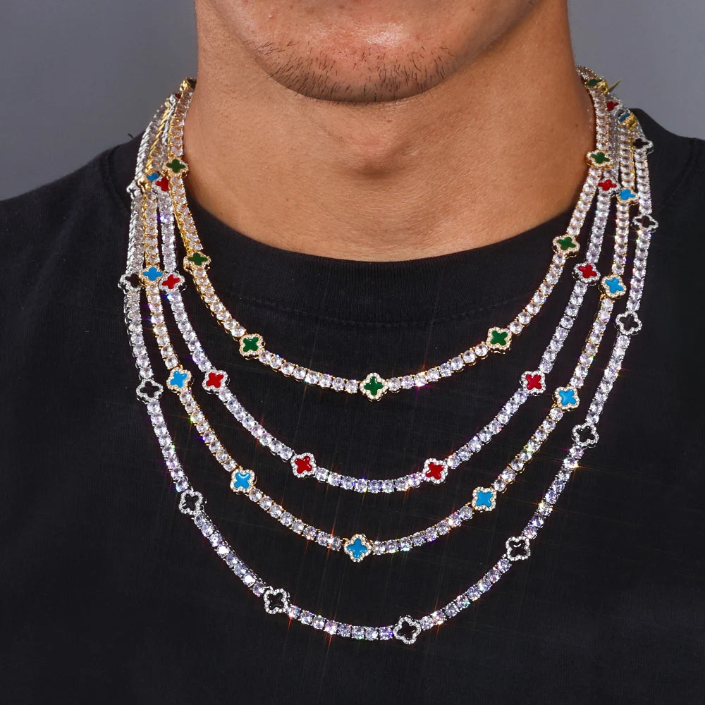 NY Women White Gold Plated Tennis Choker Necklace Red/Green/Blue/Black Charm Iced Out CZ Chain Fine Hiphop Jewelry