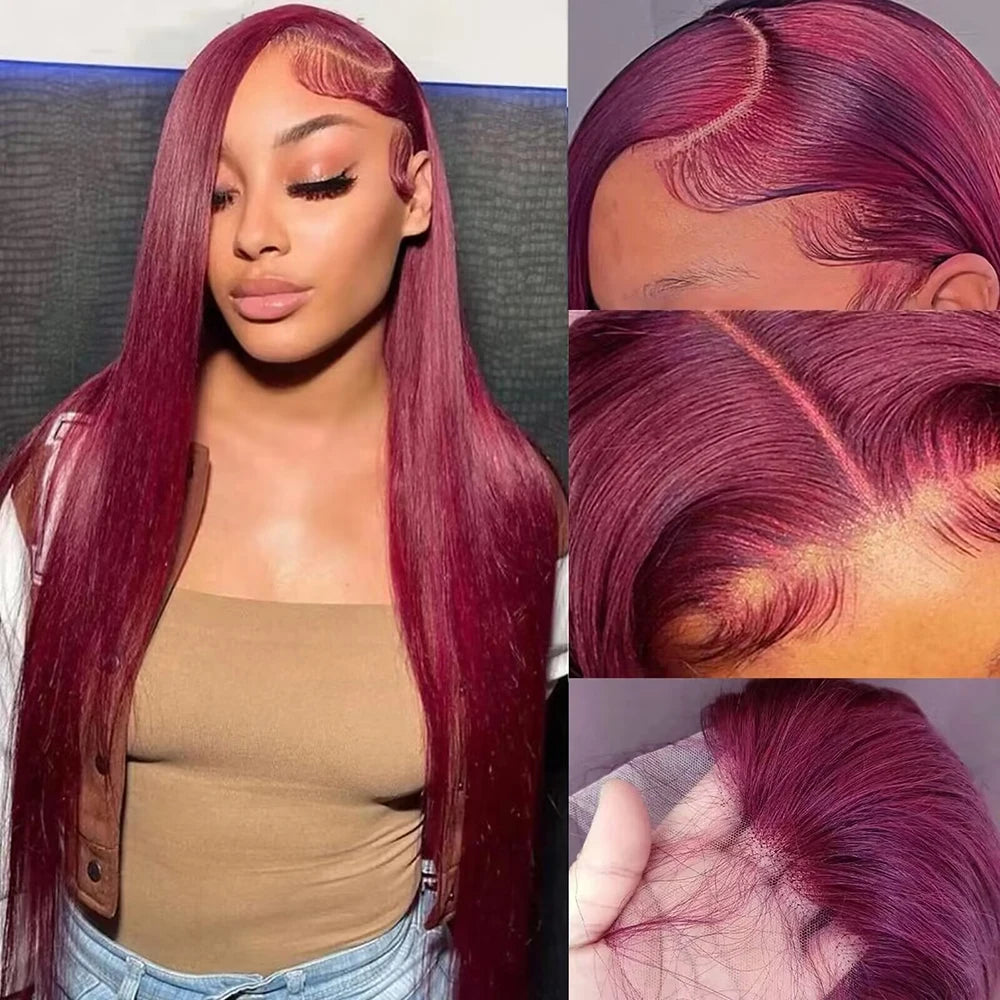 200 Density 99j Burgundy 13x4 13x6 Full Frontal Lace Preplucked Colored Straight Frontal Wig HD Transparent Lace Human Hair Wigs