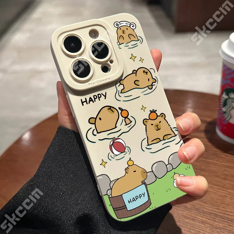 Matte Phone Case For iPhone 15 Pro Max 14 Plus 13 12 Mini 11 XS X XR 7 8 Cute Capybara Pattern Soft Silicone Bumper Cover