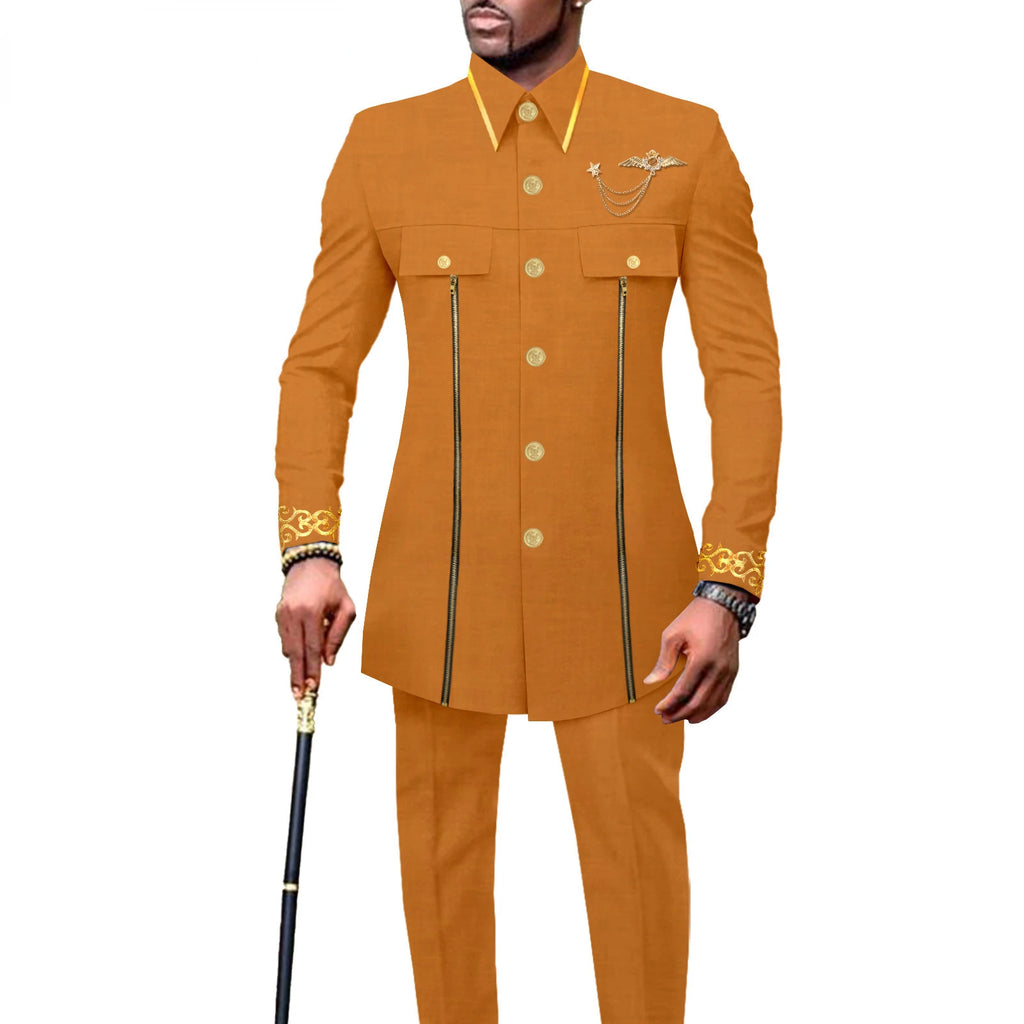 new fashion casual African ethnic solid color cotton men's casual embroidered jacket + pants 2 sets  mens clothes  funny suit