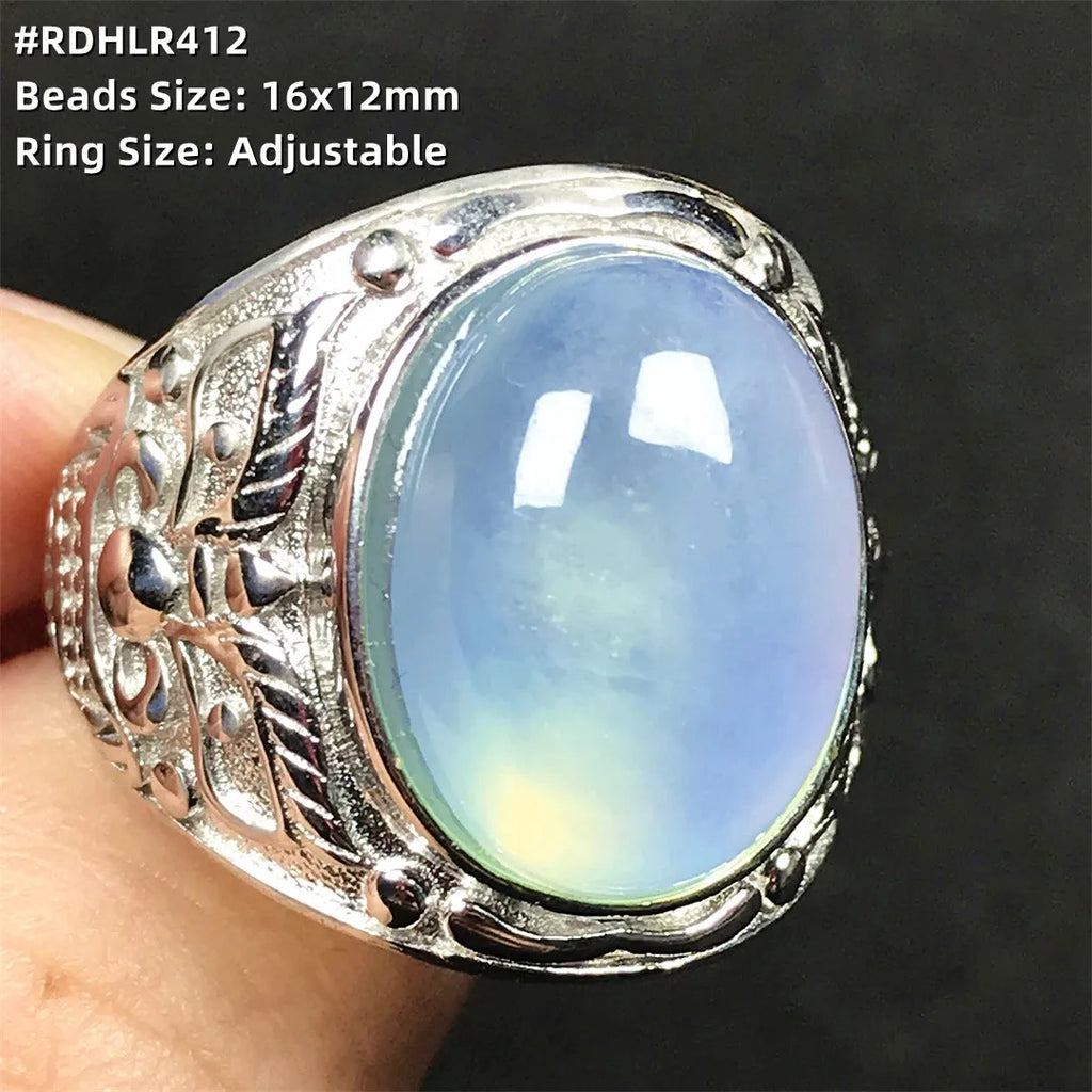 Top Natural Ocean Blue Aquamarine Ring For Male Men Gift Rare Crystal Beads Stone Silver Fashion Adjustable Ring Jewelry AAAAA