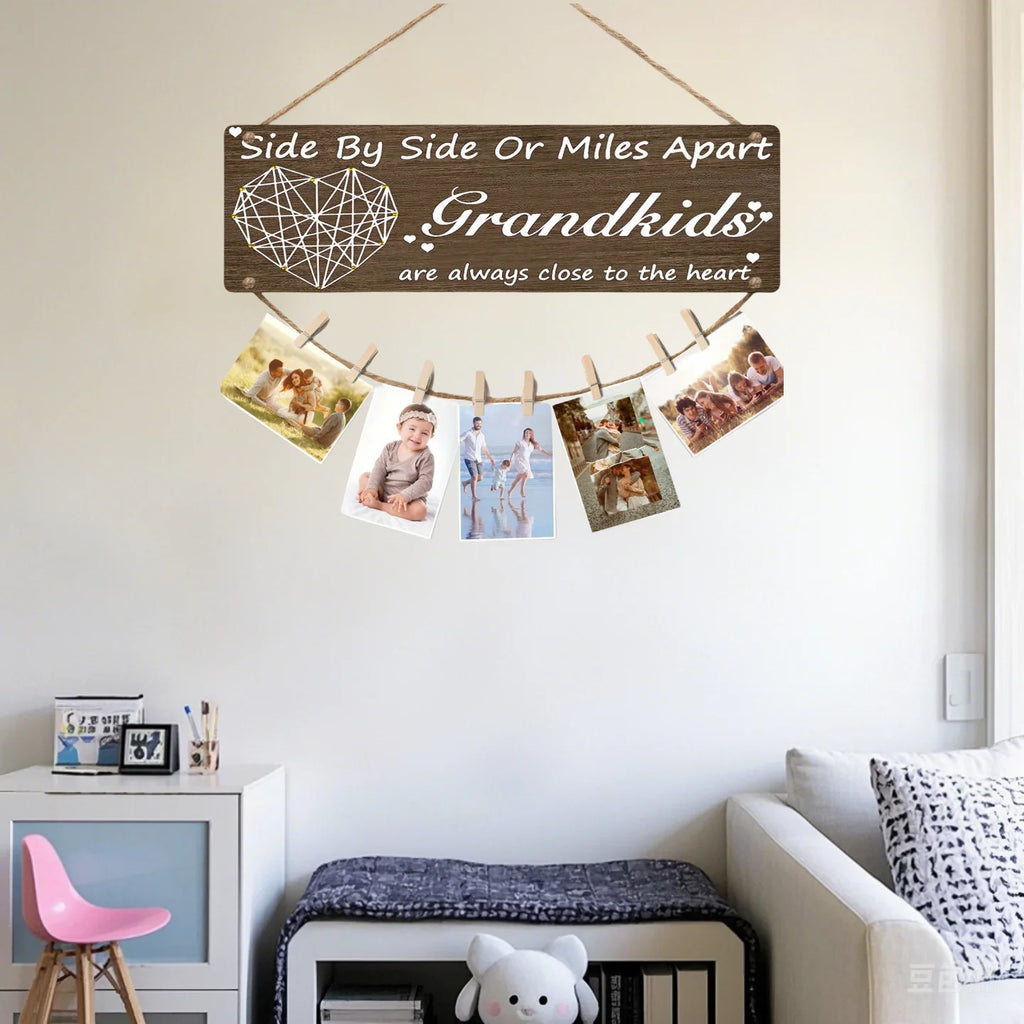 Rustic Wooden Grandkids Photo Frame Side By Side Or Miles Apart Design With Clips & Twine  Perfect For Living Room Bedroom Decor
