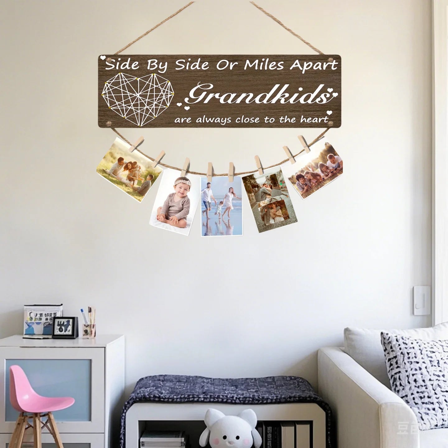 Rustic Wooden Grandkids Photo Frame Side By Side Or Miles Apart Design With Clips & Twine  Perfect For Living Room Bedroom Decor