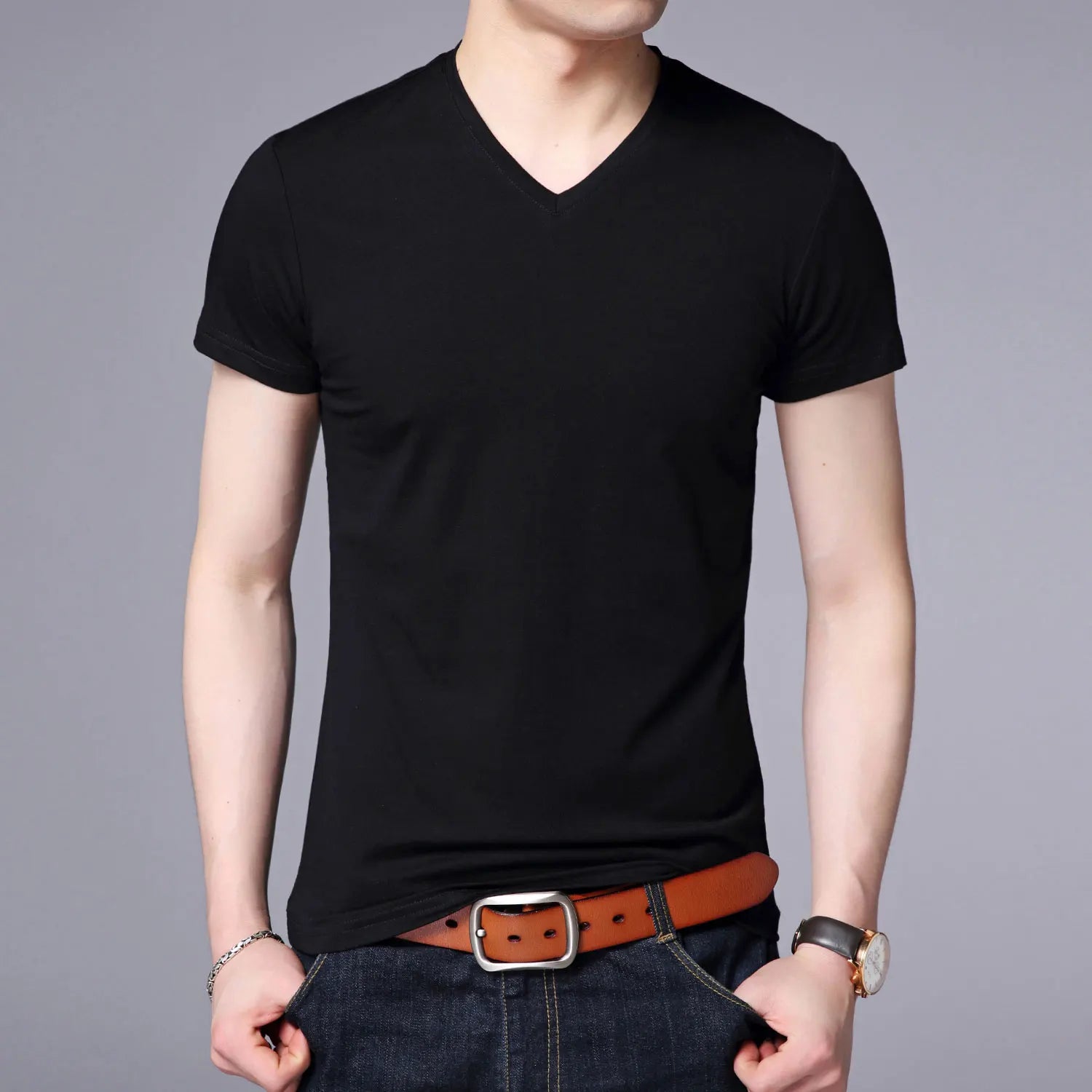 2025 Summer Brand Tops 95% Cotton 5% Spandex t Shirt For Men v Neck Plain Solid Color Short Sleeve Casual Fashion Mens Clothes