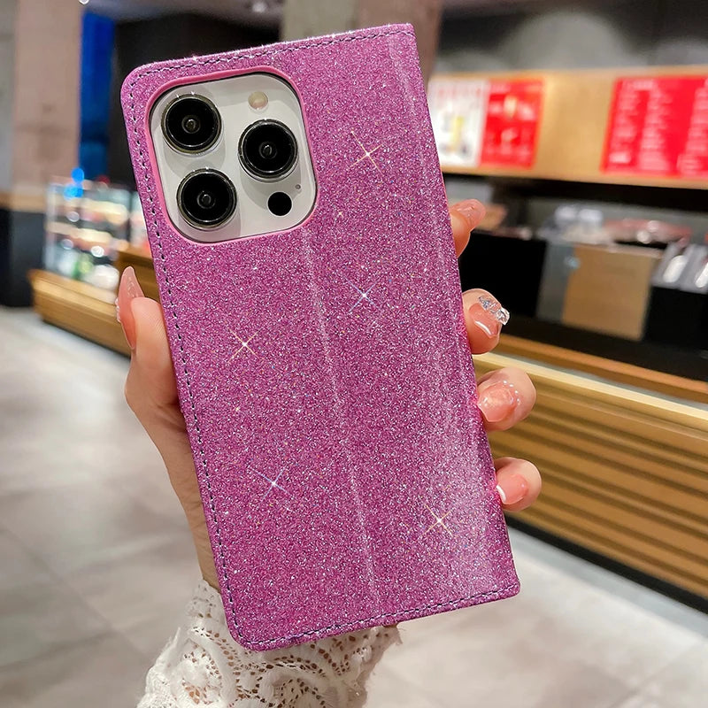 Glowing Glitter Leather Flip Phone Case Pink iPhone 17 ProMax Air 16 E 15 Pro 14 Plus 13 12 Mini X XR XS 11 Max 7 8 Luxury Cover