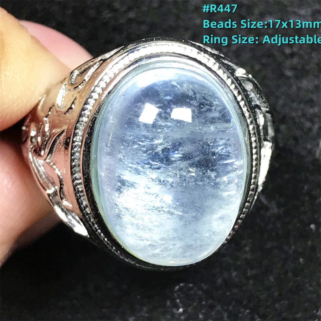 Top Natural Ocean Blue Aquamarine Ring For Male Men Gift Rare Crystal Beads Stone Silver Fashion Adjustable Ring Jewelry AAAAA
