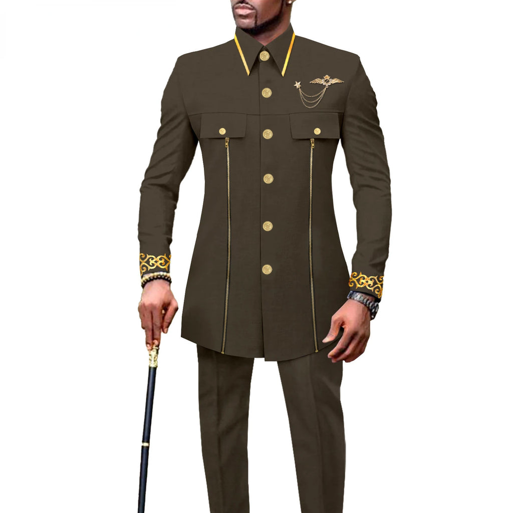 new fashion casual African ethnic solid color cotton men's casual embroidered jacket + pants 2 sets  mens clothes  funny suit