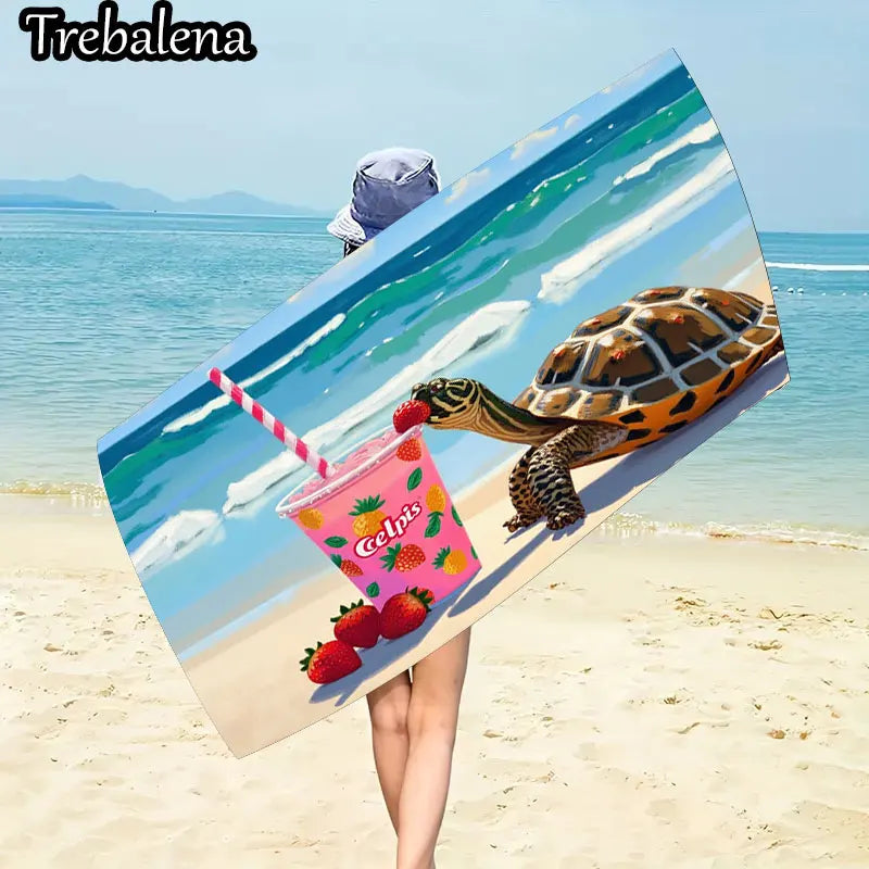30*60inch Ultra-Soft Beach Towel with Tropical Turtle Beach Towel with Fruit Drink Design