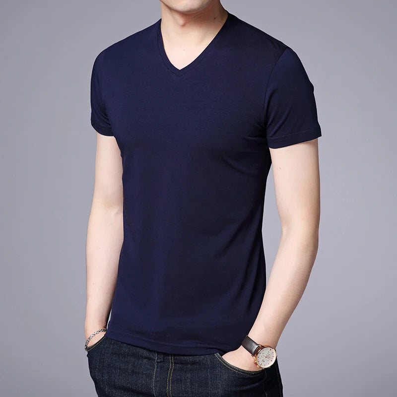2025 Summer Brand Tops 95% Cotton 5% Spandex t Shirt For Men v Neck Plain Solid Color Short Sleeve Casual Fashion Mens Clothes