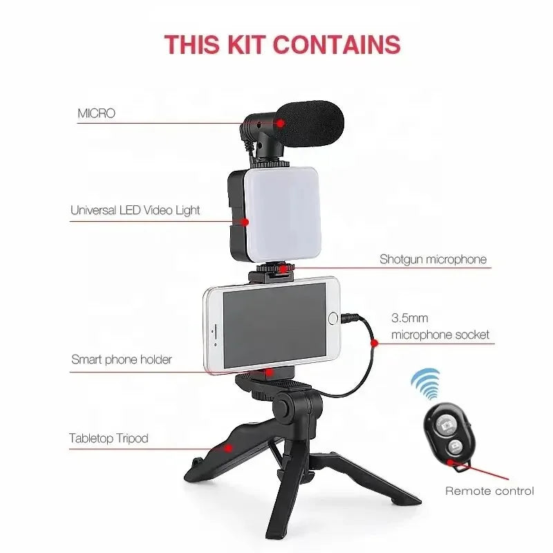 Smartphone Vlogging Kit With Tripod Phone Holder Mini Microphone LED Fill Light Starter For Live Stream Video YouTube