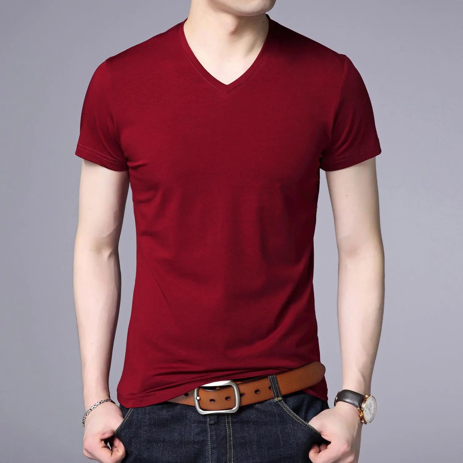 2025 Summer Brand Tops 95% Cotton 5% Spandex t Shirt For Men v Neck Plain Solid Color Short Sleeve Casual Fashion Mens Clothes