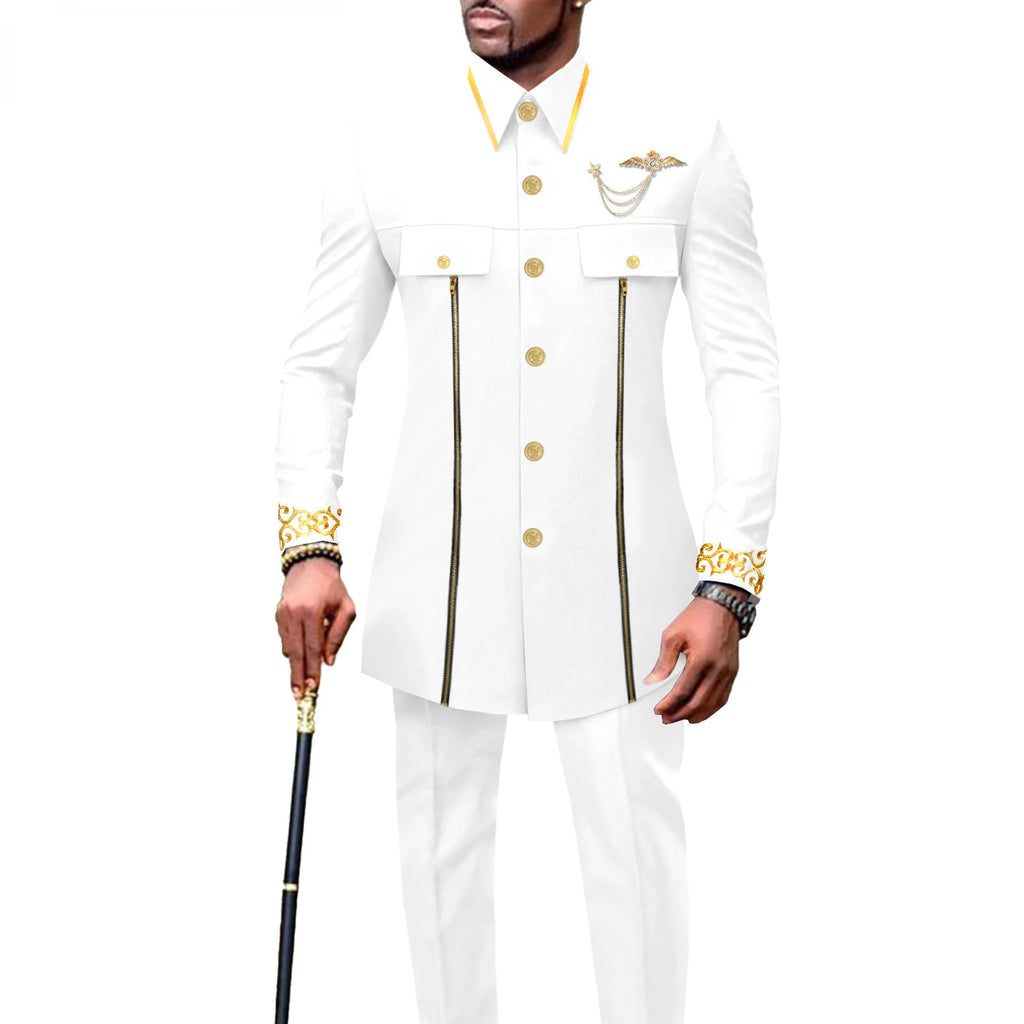 new fashion casual African ethnic solid color cotton men's casual embroidered jacket + pants 2 sets  mens clothes  funny suit