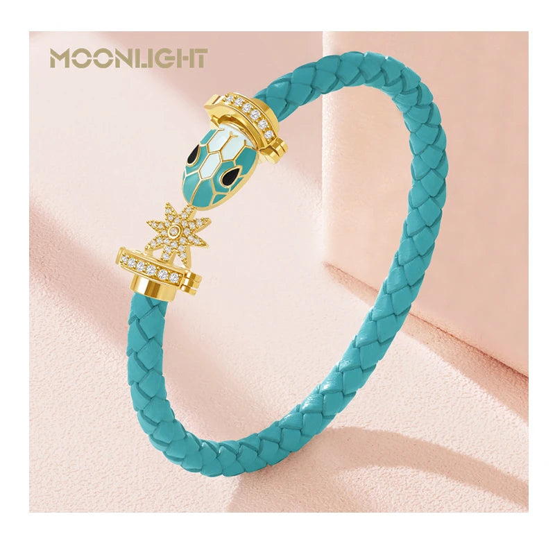 MOONLIGHT Genuine Braided Leather Bracelet for Woman Zircon Eight Pointed Star Classic Snake Head Bracelet Female Jewelry Gifts
