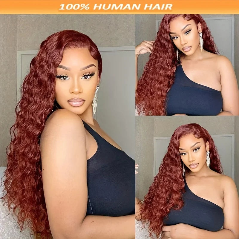 Reddish Brown Lace Front Wig 200Density Deep Wave13x4 Lace Human Hair Wig Pre Plucked Water Wave 13x4 Lace Wig  for Women