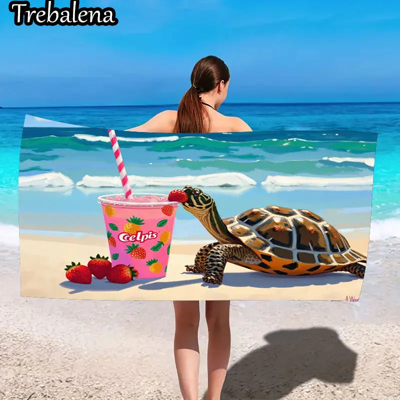 30*60inch Ultra-Soft Beach Towel with Tropical Turtle Beach Towel with Fruit Drink Design