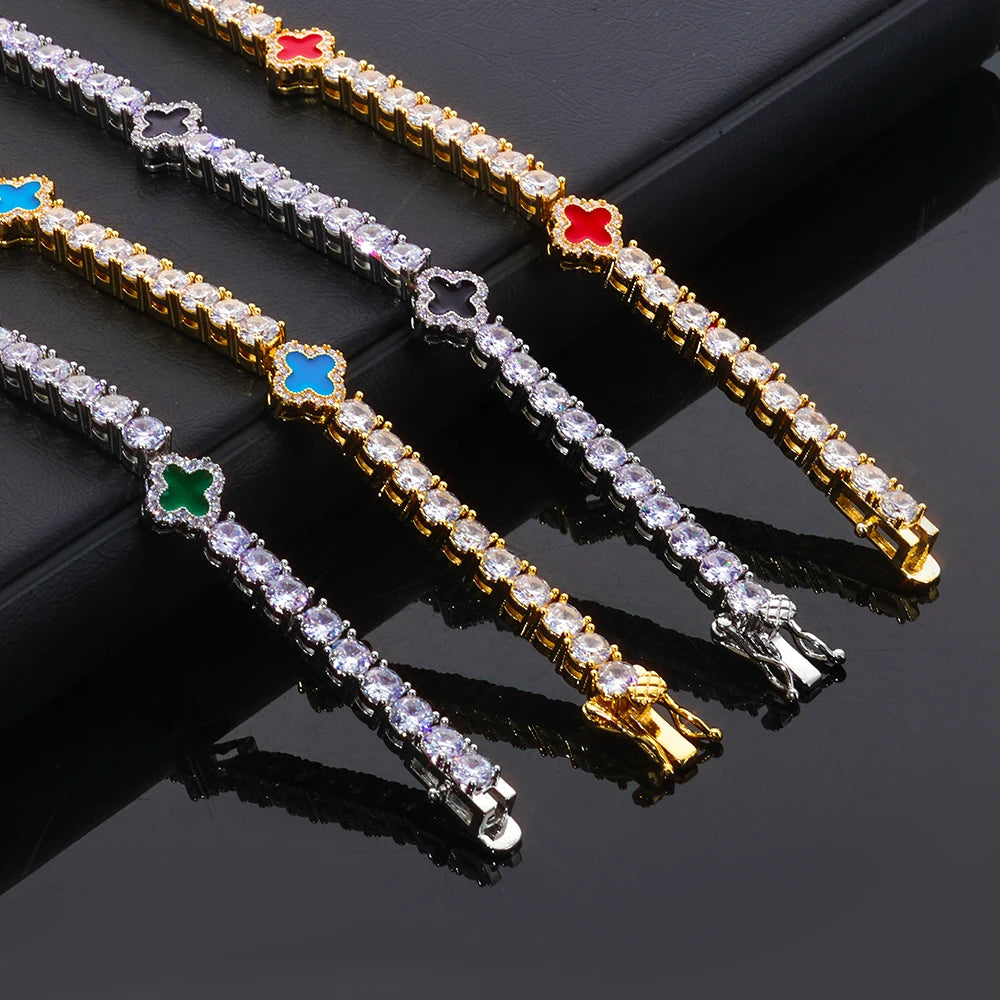 NY Women White Gold Plated Tennis Choker Necklace Red/Green/Blue/Black Charm Iced Out CZ Chain Fine Hiphop Jewelry