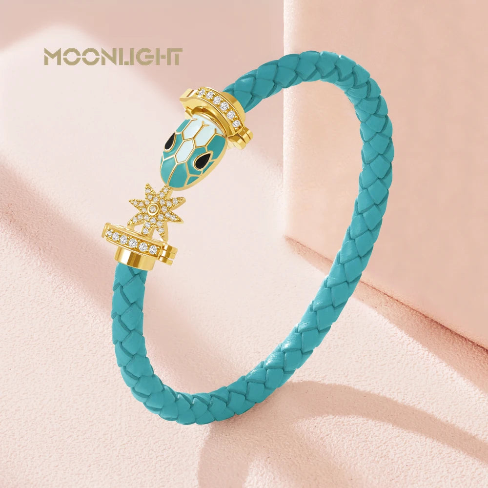 MOONLIGHT Genuine Braided Leather Bracelet for Woman Zircon Eight Pointed Star Classic Snake Head Bracelet Female Jewelry Gifts