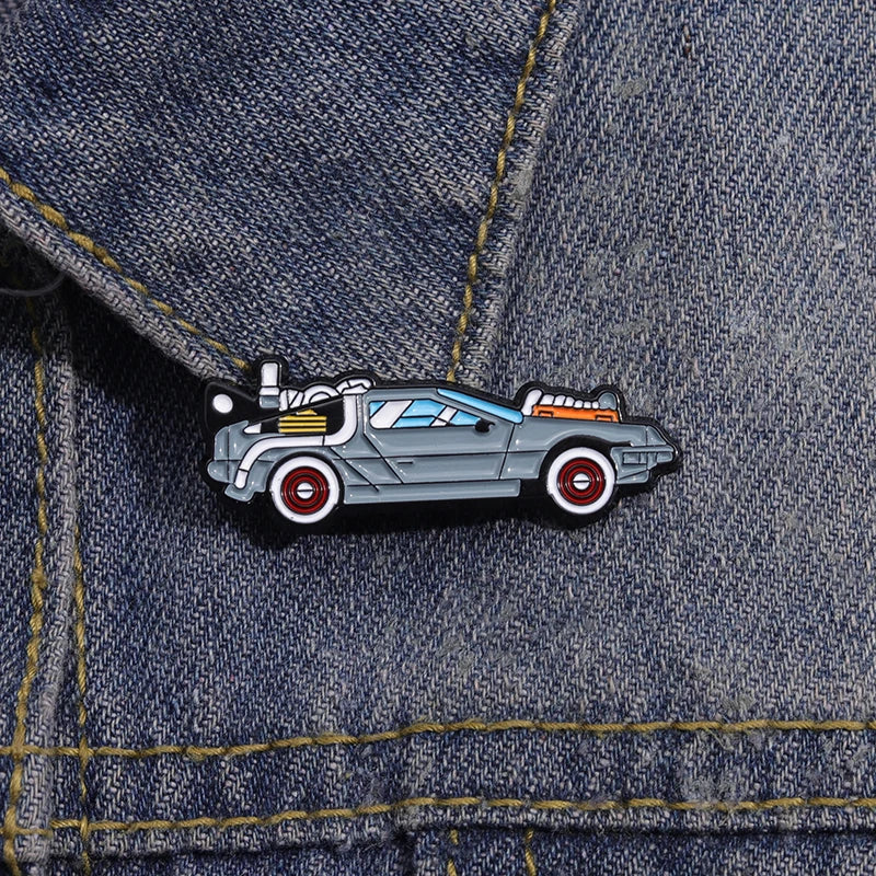 Retro Cartoon Sport Car Enamel Pin Science Fiction Movies Inspired Vehicle Brooch Jacket Lapel Badge Jewelry Gift For Friends