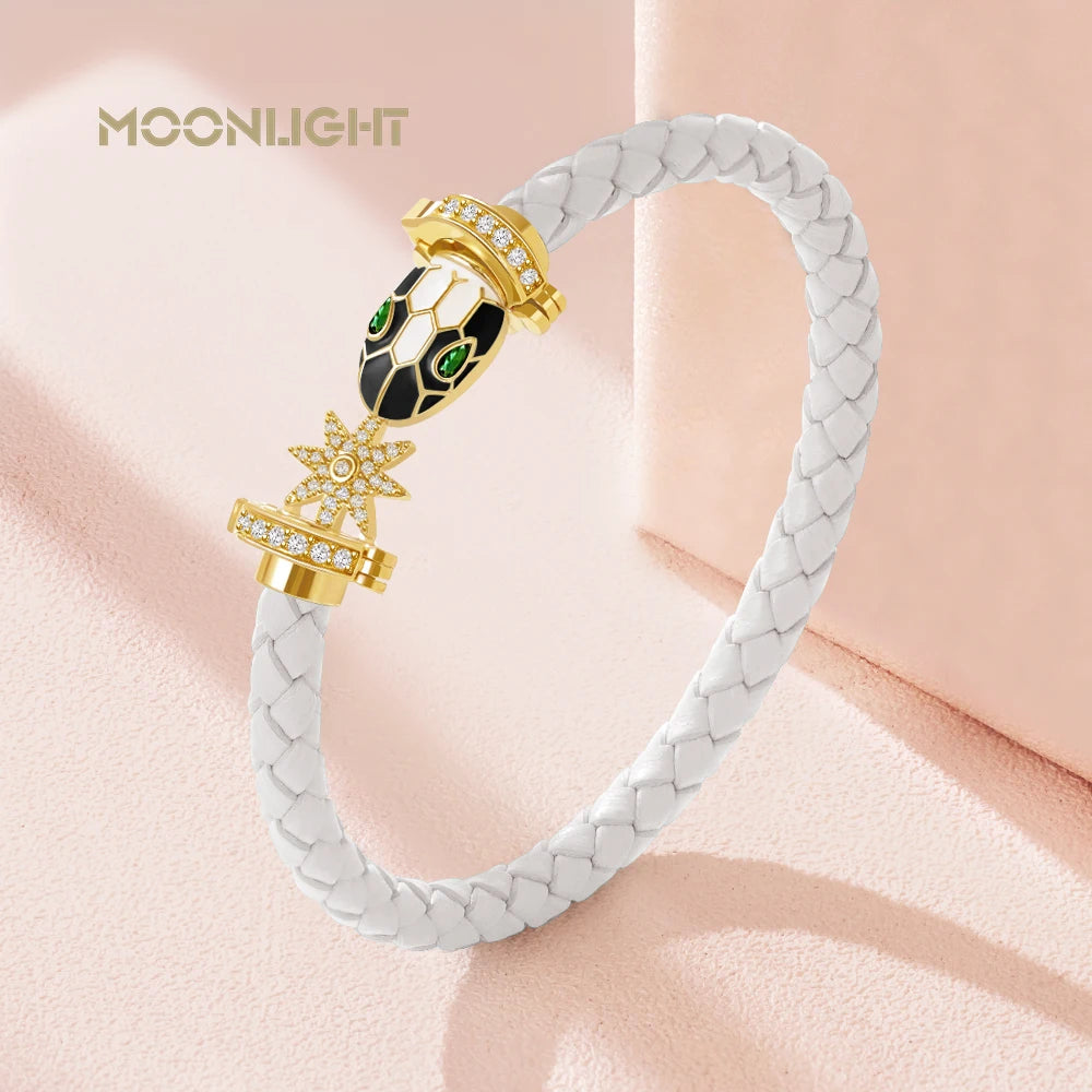 MOONLIGHT Genuine Braided Leather Bracelet for Woman Zircon Eight Pointed Star Classic Snake Head Bracelet Female Jewelry Gifts