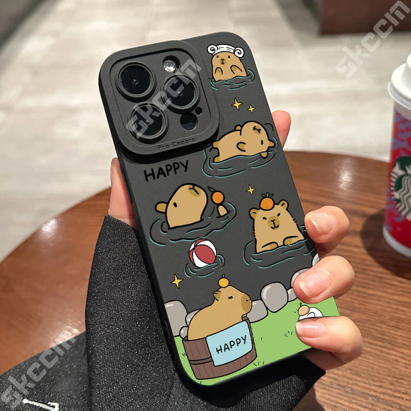 Matte Phone Case For iPhone 15 Pro Max 14 Plus 13 12 Mini 11 XS X XR 7 8 Cute Capybara Pattern Soft Silicone Bumper Cover