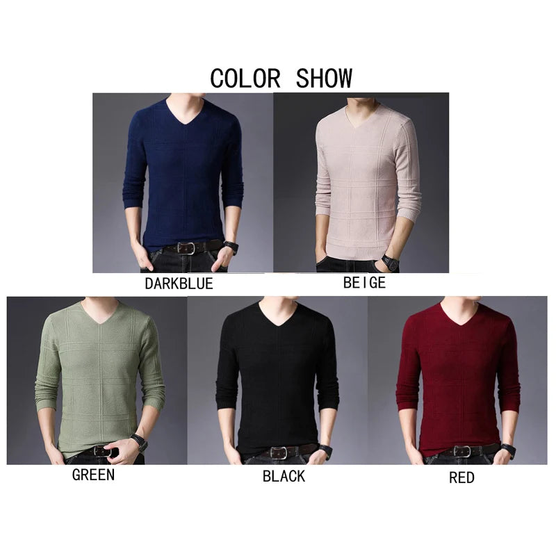 BROWON 2025 New Mens Clothes Spring Autumn Solid Color Casual V-Neck Sweaters Korean Fashion Slim Fit Long-Sleeved Sweater Men