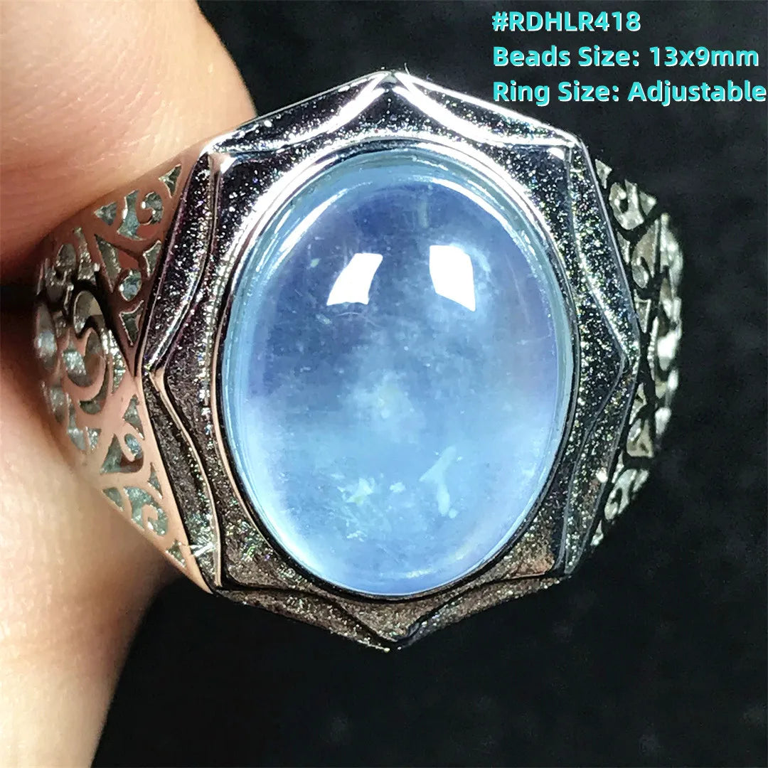 Top Natural Ocean Blue Aquamarine Ring For Male Men Gift Rare Crystal Beads Stone Silver Fashion Adjustable Ring Jewelry AAAAA