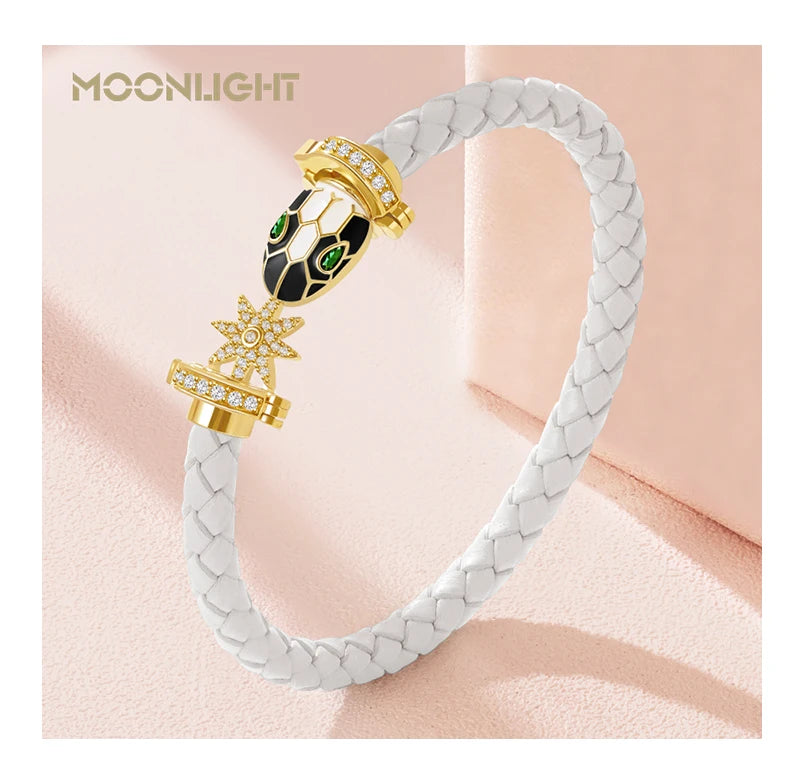 MOONLIGHT Genuine Braided Leather Bracelet for Woman Zircon Eight Pointed Star Classic Snake Head Bracelet Female Jewelry Gifts