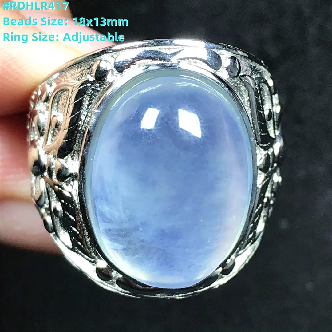 Top Natural Ocean Blue Aquamarine Ring For Male Men Gift Rare Crystal Beads Stone Silver Fashion Adjustable Ring Jewelry AAAAA