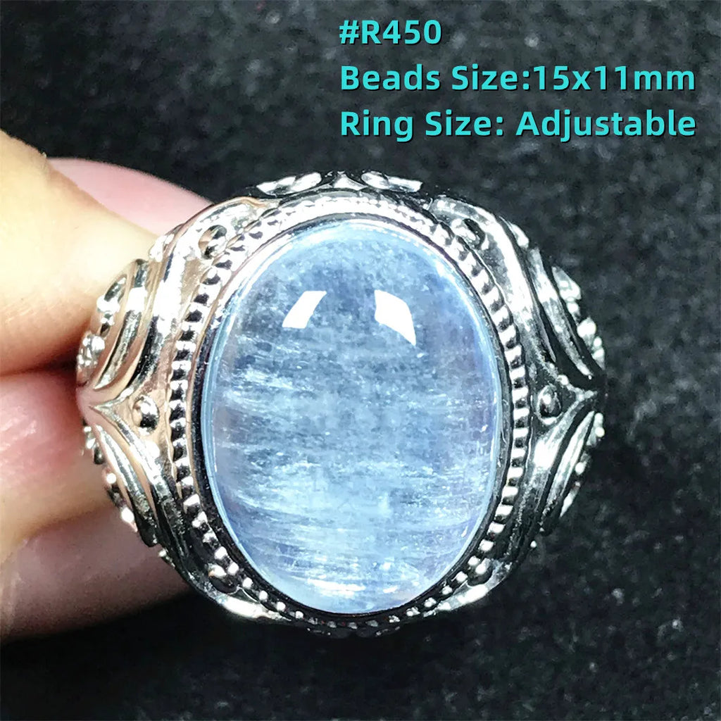 Top Natural Ocean Blue Aquamarine Ring For Male Men Gift Rare Crystal Beads Stone Silver Fashion Adjustable Ring Jewelry AAAAA