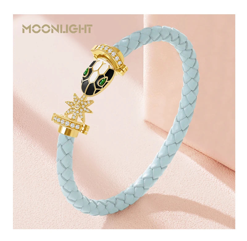 MOONLIGHT Genuine Braided Leather Bracelet for Woman Zircon Eight Pointed Star Classic Snake Head Bracelet Female Jewelry Gifts