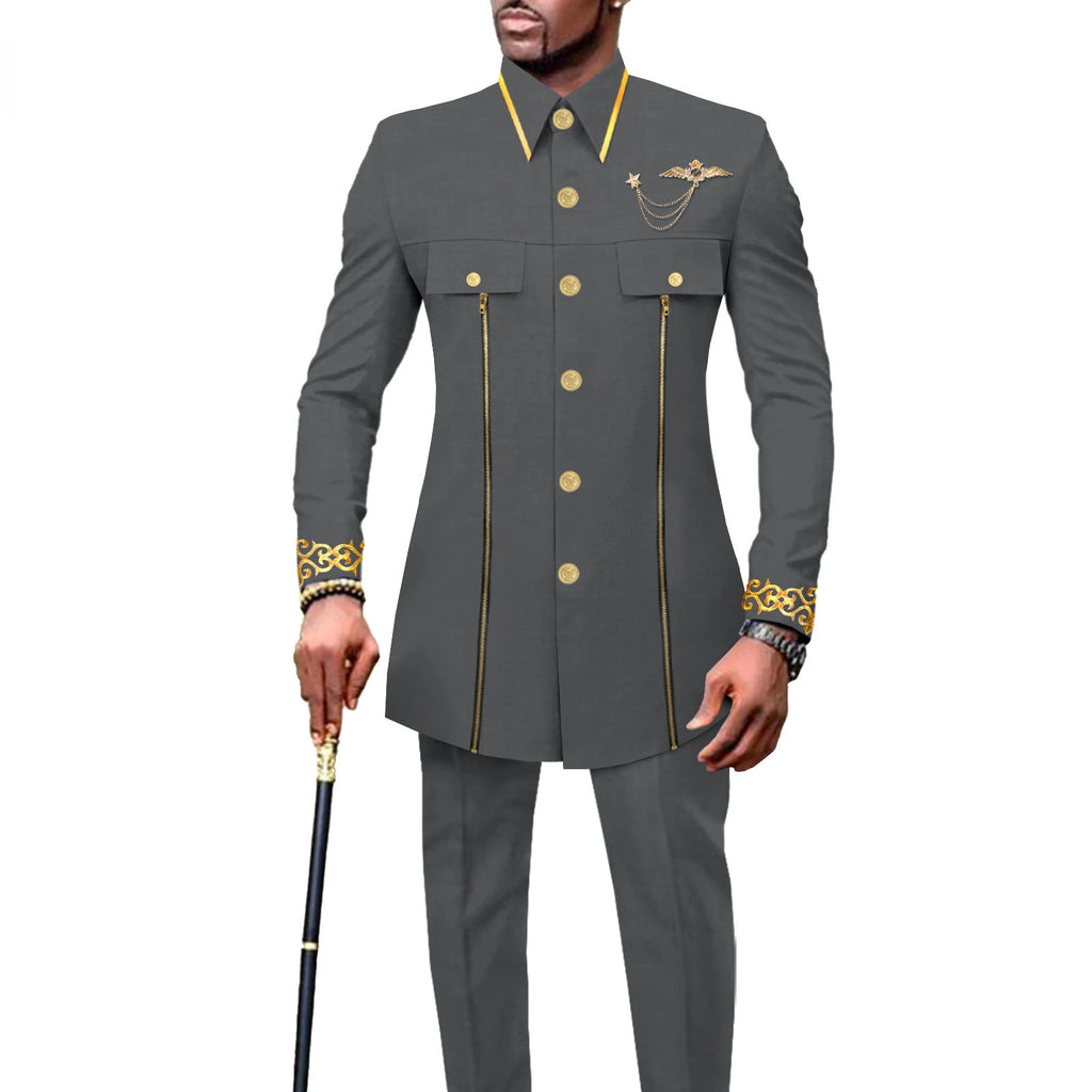 new fashion casual African ethnic solid color cotton men's casual embroidered jacket + pants 2 sets  mens clothes  funny suit