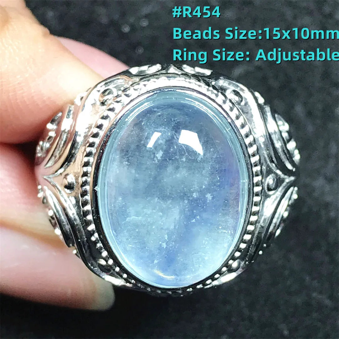 Top Natural Ocean Blue Aquamarine Ring For Male Men Gift Rare Crystal Beads Stone Silver Fashion Adjustable Ring Jewelry AAAAA