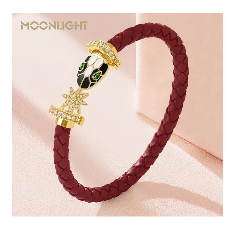 MOONLIGHT Genuine Braided Leather Bracelet for Woman Zircon Eight Pointed Star Classic Snake Head Bracelet Female Jewelry Gifts