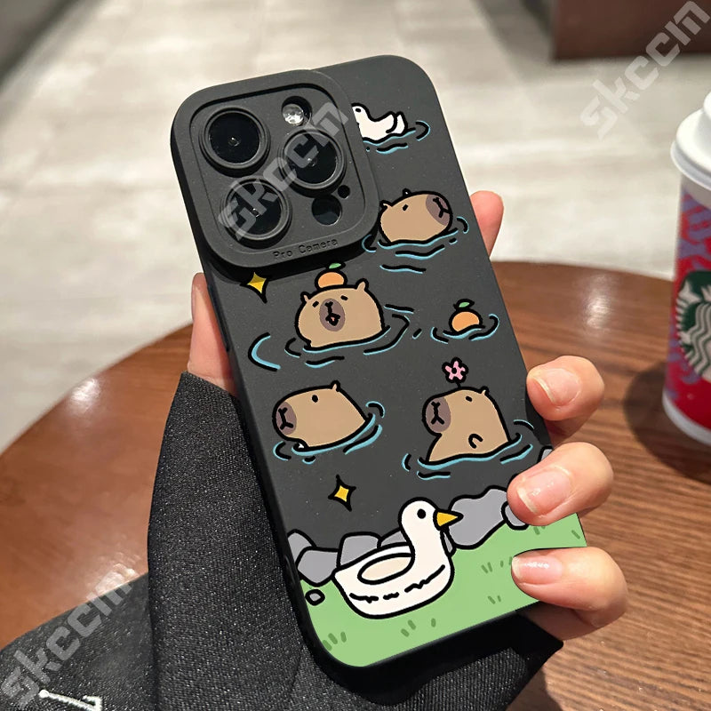 Matte Phone Case For iPhone 15 Pro Max 14 Plus 13 12 Mini 11 XS X XR 7 8 Cute Capybara Pattern Soft Silicone Bumper Cover