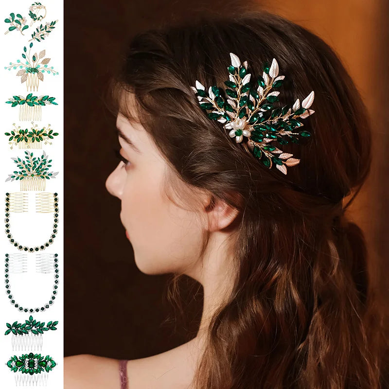 Efily Vitnage Green Crystal Wedding Hair Accessories Bridal Pearl Hair Comb Rhinestone Headpiece Jewelry  Valentine's Day gift
