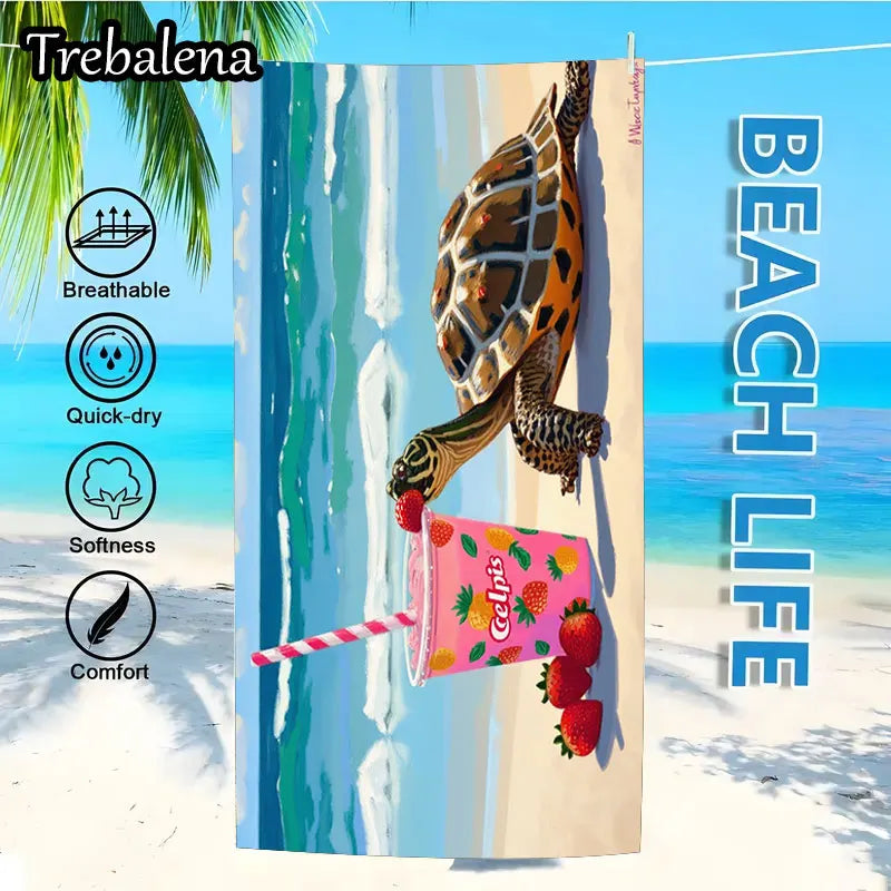 30*60inch Ultra-Soft Beach Towel with Tropical Turtle Beach Towel with Fruit Drink Design