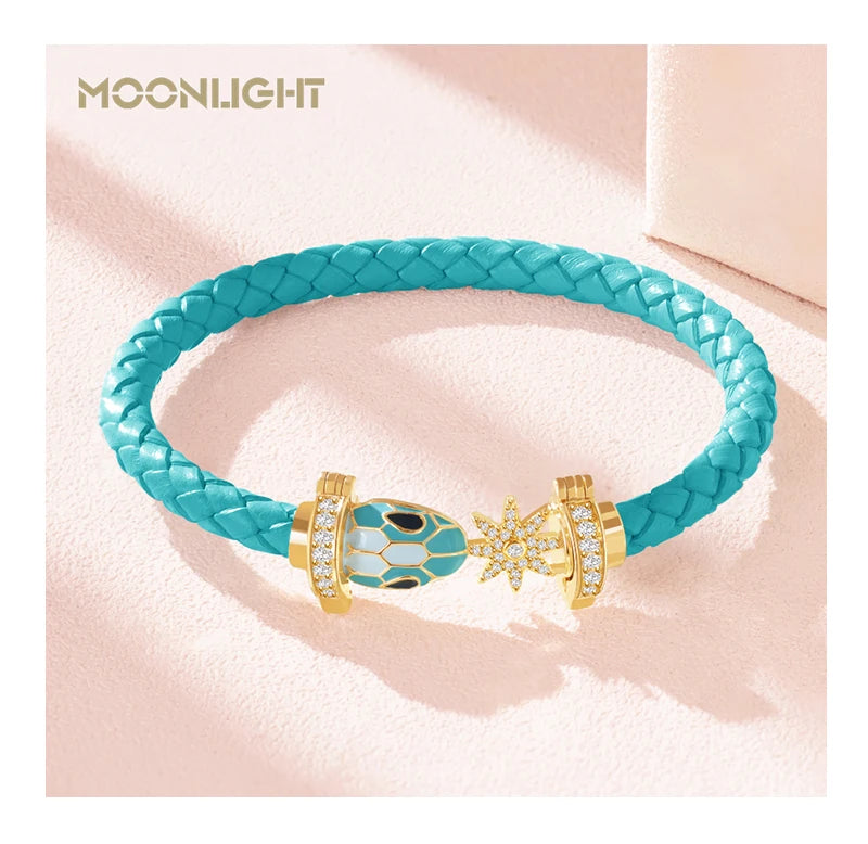 MOONLIGHT Genuine Braided Leather Bracelet for Woman Zircon Eight Pointed Star Classic Snake Head Bracelet Female Jewelry Gifts