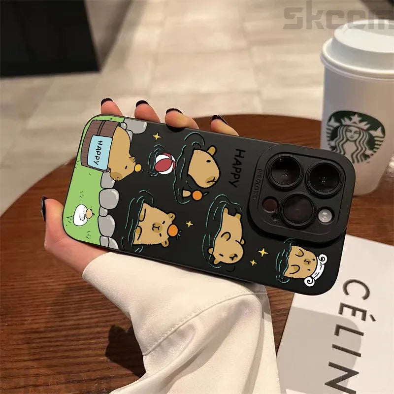 Matte Phone Case For iPhone 15 Pro Max 14 Plus 13 12 Mini 11 XS X XR 7 8 Cute Capybara Pattern Soft Silicone Bumper Cover